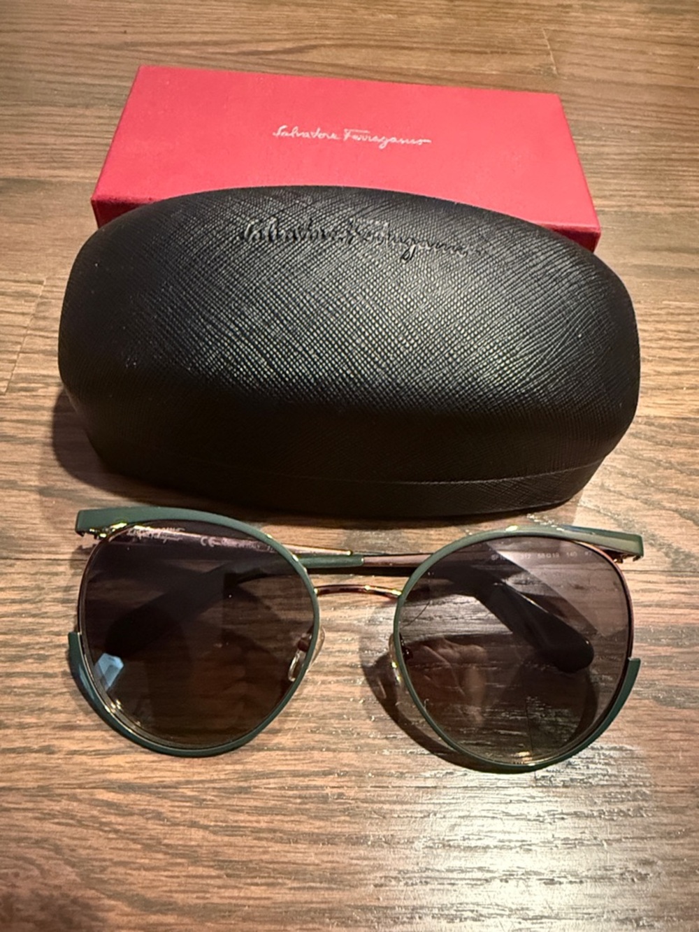 Salvatore Ferragamo Green Round Metal-Trim Sunglasses with Case